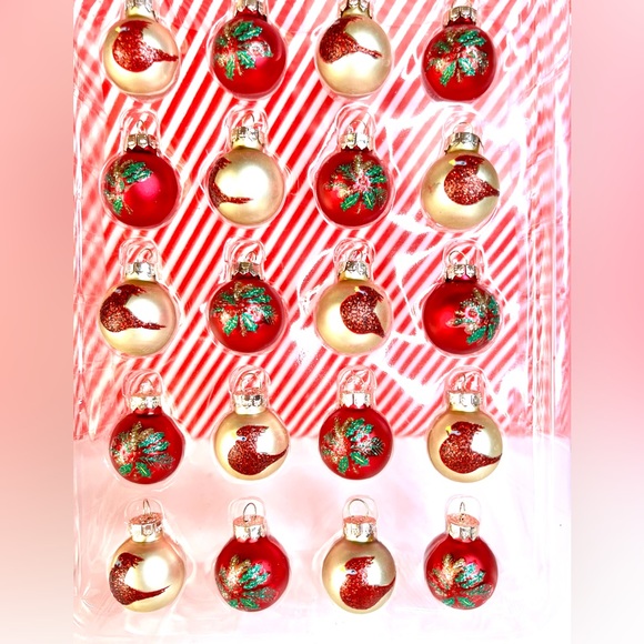 20 Christmas Mini Glass Ball Ornaments Red Cardinal Winter Flower Red Gold - Picture 2 of 8